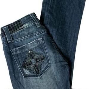 Miss Me Jeans Rhinestone Low Rise Dark Wash Stretch Bootcut‎ Blue Denim Size 26